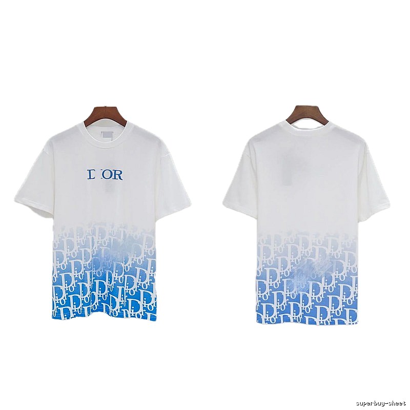 Dior Oblique Gradient Trendy Style Blue and White Short-sleeved T-shirt