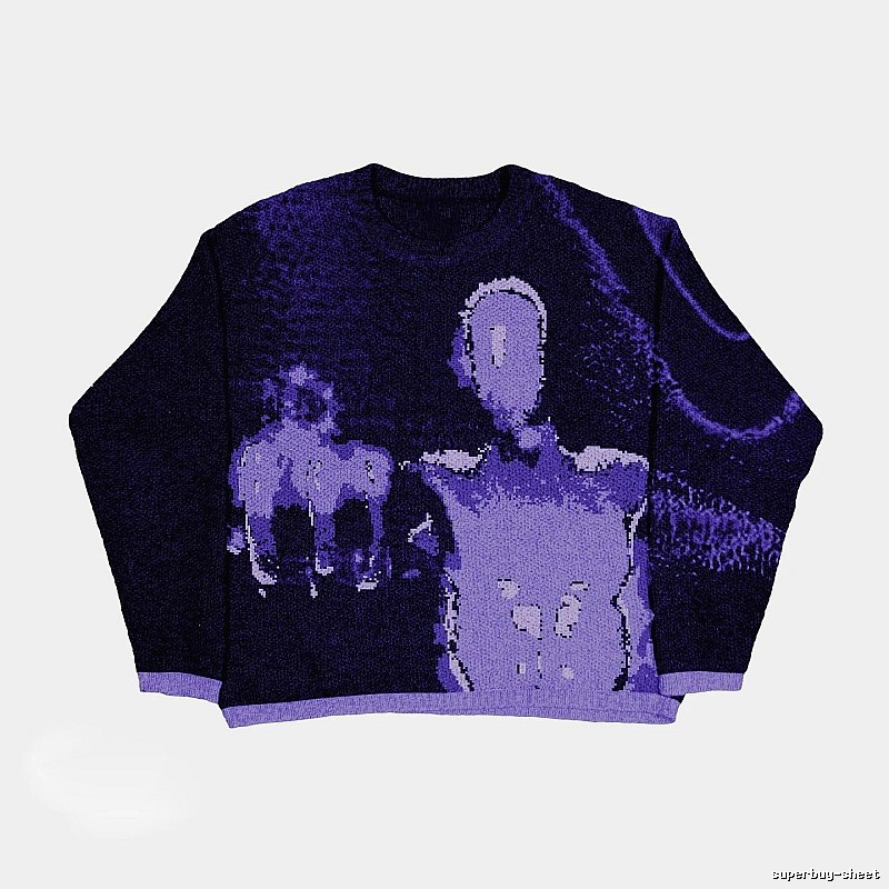 Patterned Anime graphic sweater Black Knit Top with Signature Styling
